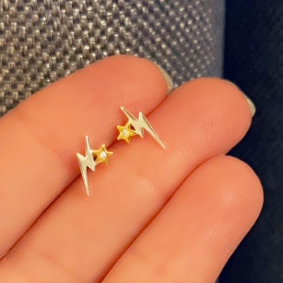14k Gold and Sterling Silver Lightning Bolt Tiny Stud Earrings - Picture 3 of 5